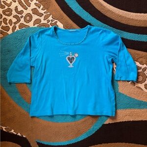 Blue 3/4 Sleeve Top with Bedazzled Perfume Bottle Design